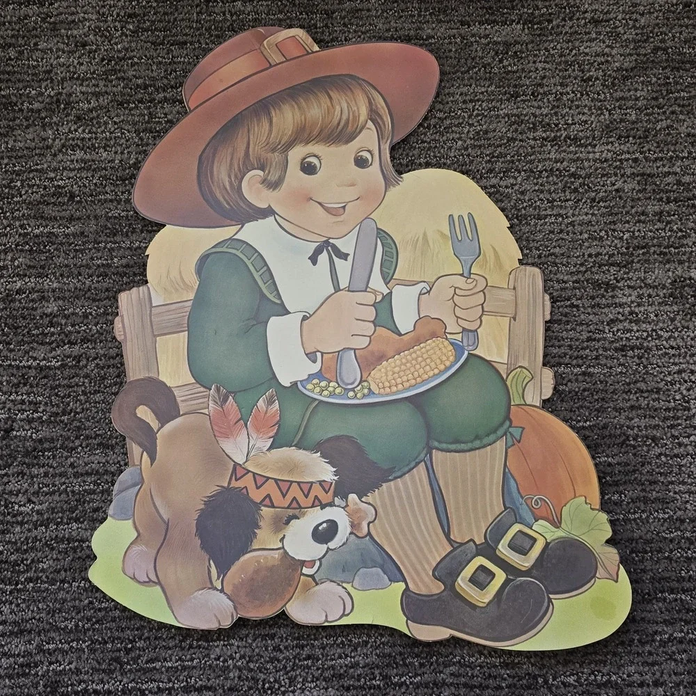 3 Large Vintage Die Cut Thanksgiving Double Sided Window Wall Decor Pilgrim Girl